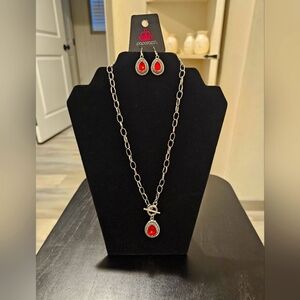 Paparazzi Red and Silver Necklace and Earring Set